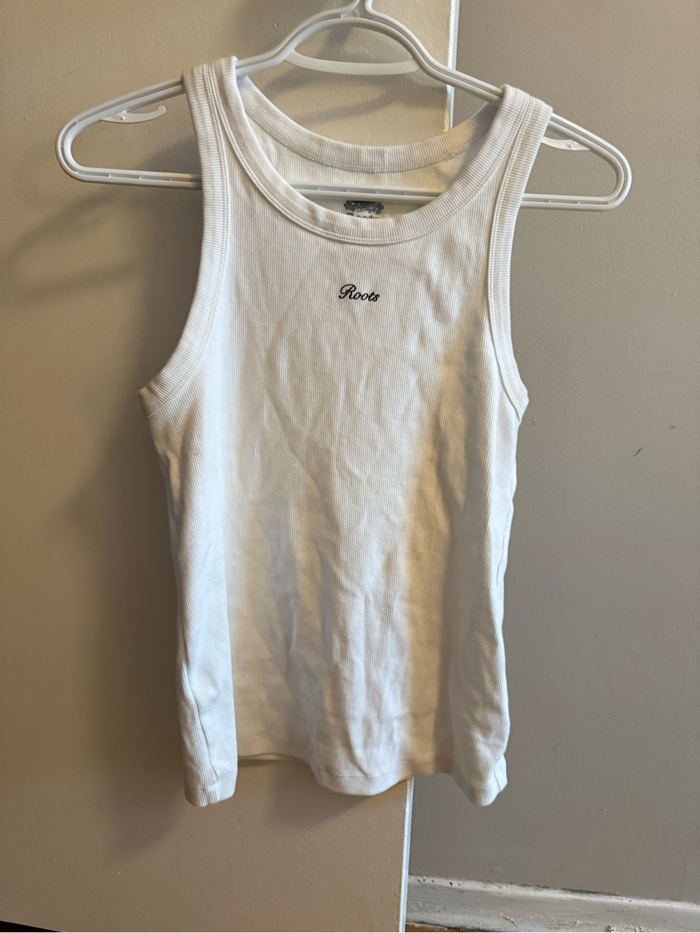 Roots White Ribbed Tank Top with Small Logo